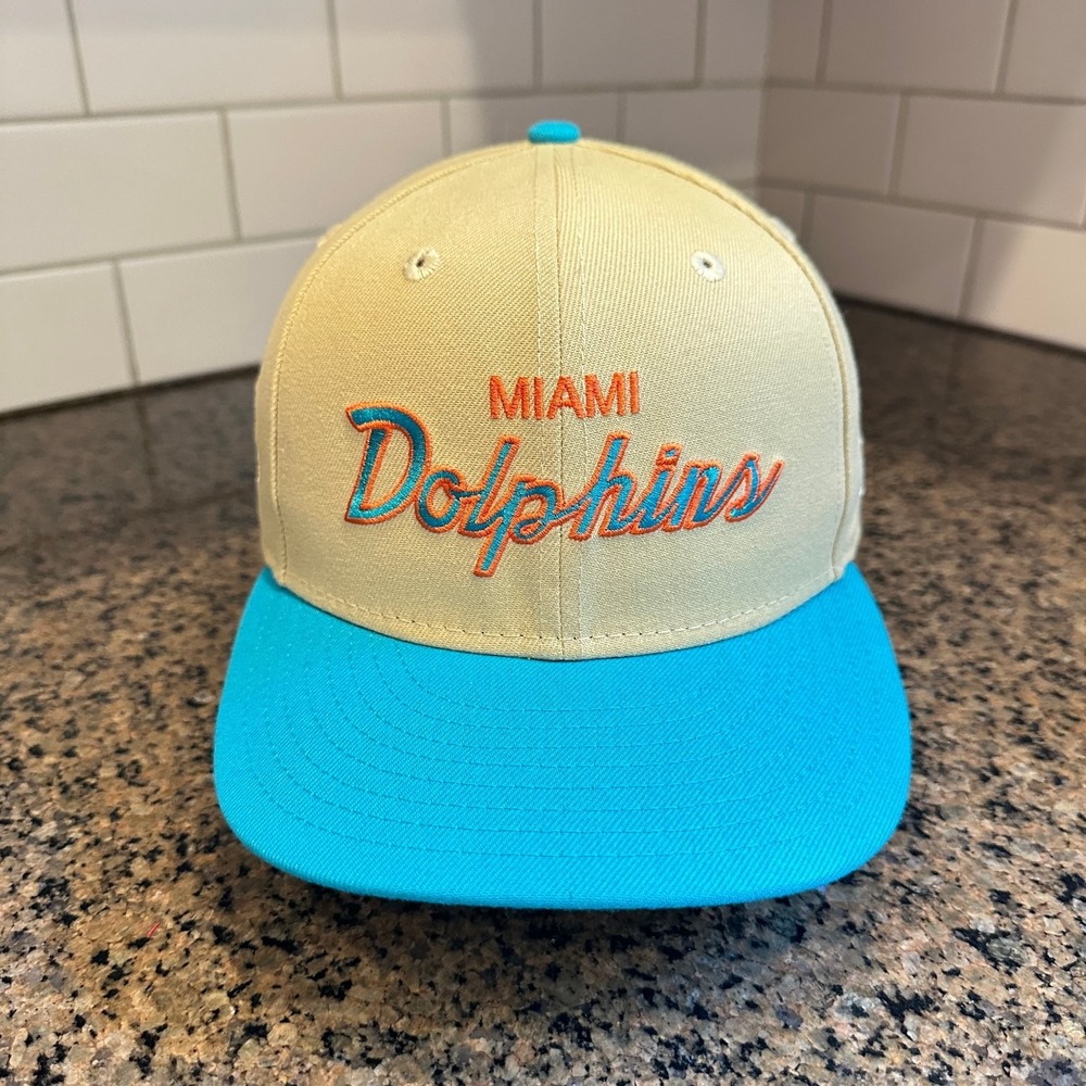 Miami Dolphins New Era 59FIFTY Fitted Hat 7 1/4 Khaki Teal Script Logo NFL